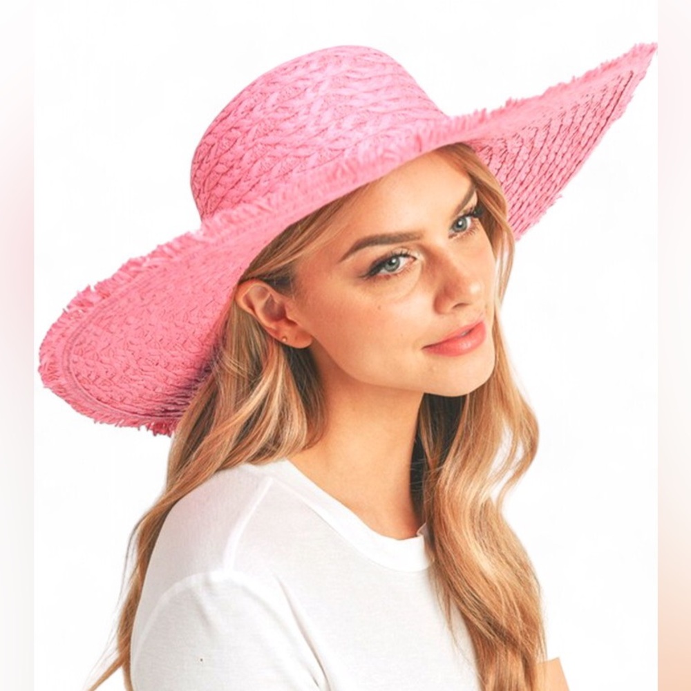 Pink Wide Brim Straw Sun Hat